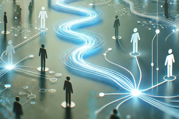 The image features a futuristic, abstract representation of change adoption in the workplace. A network of glowing, interconnected pathways flows across the scene, symbolizing seamless transitions and engagement. Soft gradients of blue, green, and white create a sense of clarity, innovation, and adaptability. Subtly integrated silhouetted figures represent collaboration and alignment. The overall aesthetic is modern, fluid, and inspiring, evoking a feeling of positive transformation and ease in workflow adoption.